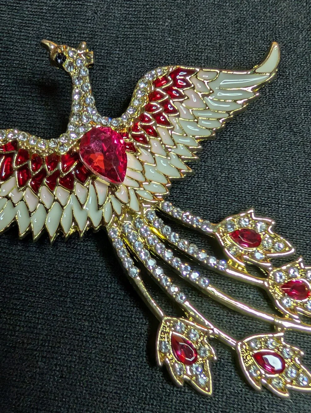 Gold and Red Phoenix Bird Brooch - Sparkling Enamel & Crystal Accent
